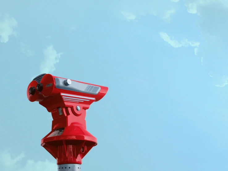 a red fire hydrant with a sky background, by Adam Marczyński, pexels contest winner, magic realism, binoculars, laser turret, high angle view, on a pedestal