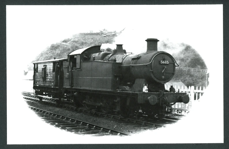 a black and white photo of a train on the tracks, reference images ( front, aged 2 5, kettle, stylised