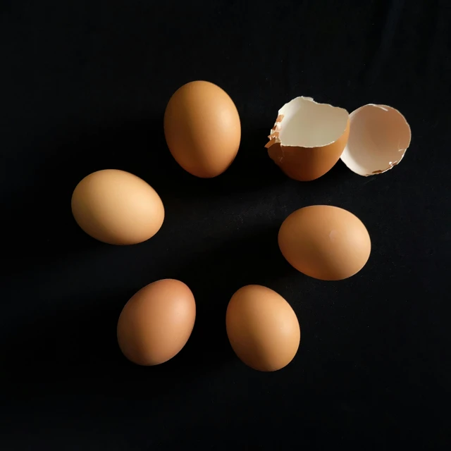 a group of eggs sitting on top of a black surface, an album cover, by Matthias Stom, pexels contest winner, ( ( brown skin ) ), eggshell color, australian, 6 pack