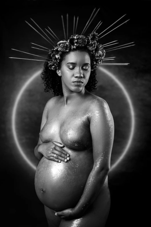 a black and white photo of a pregnant woman, an album cover, shutterstock contest winner, ebony skin, wearing a golden halo, hyperrealism photography, ani