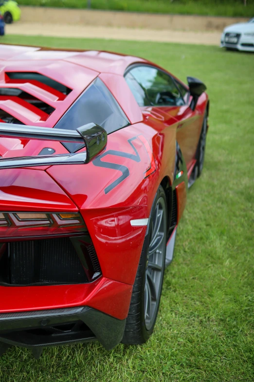 a red sports car parked on top of a lush green field, veneno, tail lights, elaborate detail, festivals