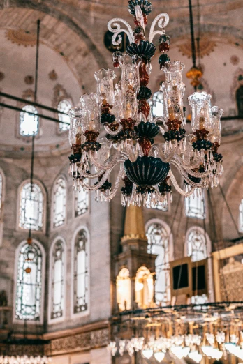 a chandelier hanging from the ceiling of a building, trending on unsplash, baroque, istanbul, scene set in a church, square, transparent