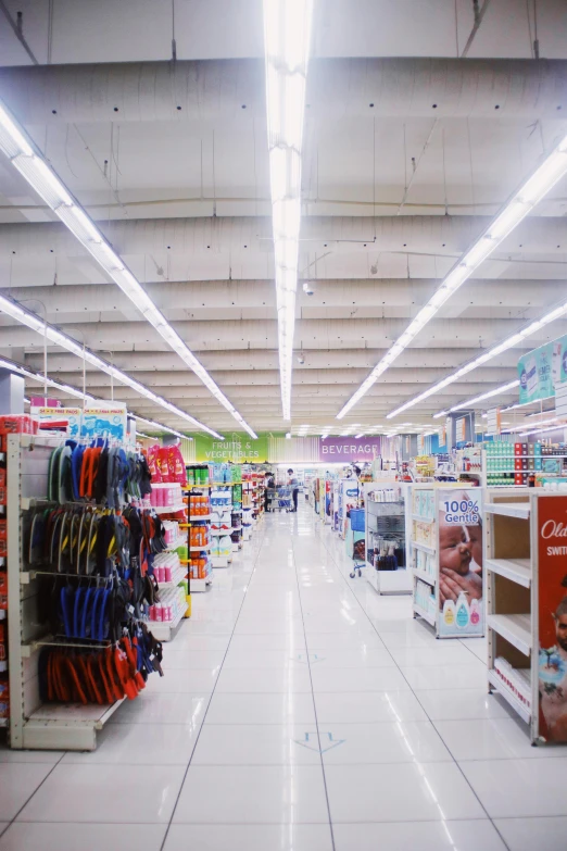 a store filled with lots of different types of items, bright sky, symmetry, aokan, fluorescent lighting