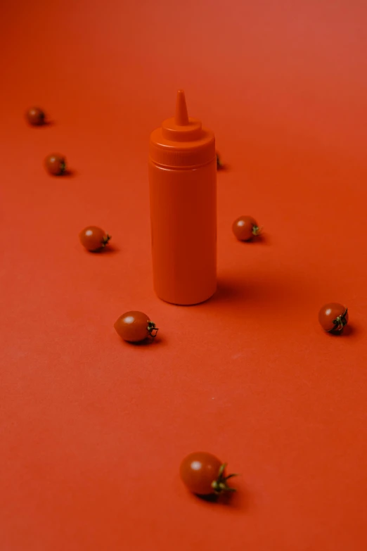 a bottle of ketchup surrounded by tiny tomatoes, inspired by Heinz Anger, pexels contest winner, conceptual art, orange hue, clay animation, marina abramovic, ilustration