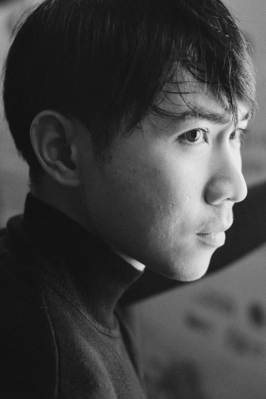 a black and white photo of a young man, inspired by Huang Gongwang, unsplash, photorealism, headshot profile picture, yukito kishiro, face is brightly lit, a handsome man，black short hair