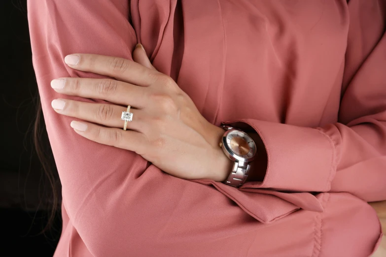 a close up of a person wearing a pink shirt, inspired by L. A. Ring, renaissance, magic ring with a diamond, tanned ameera al taweel, 555400831, design only