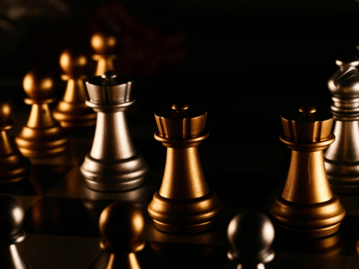 a group of chess pieces sitting on top of a chess board, metallic polished surfaces, thumbnail, amanda lilleston, the crown