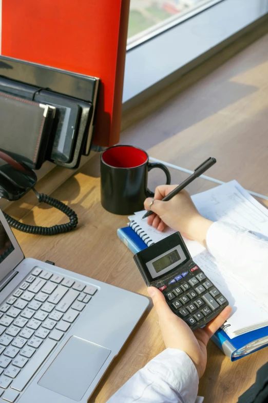 a person sitting at a desk with a laptop and a calculator, holding a staff, cg original, thumbnail, multiple stories