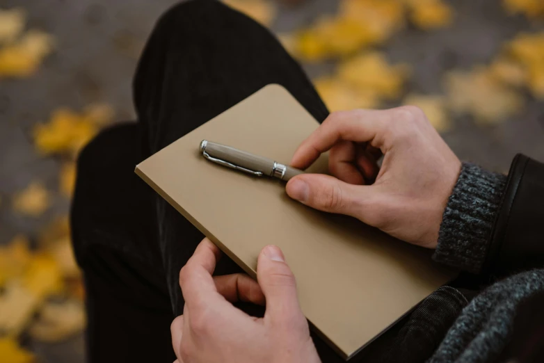 a person holding a pen and writing on a notebook, by Niko Henrichon, pexels contest winner, taupe, in autumn, holding knife, rectangle