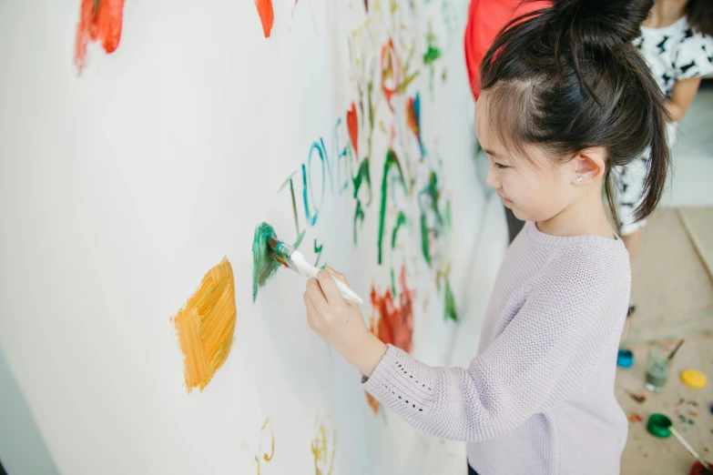 a little girl that is painting on a wall, trending on pexels, louise zhang, with a white background, academic painting, panels