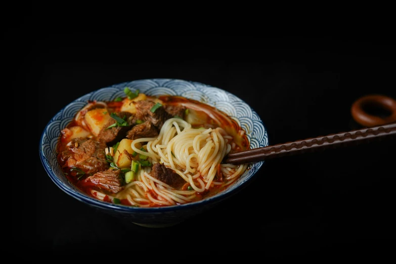 a bowl of noodles with meat and vegetables, a portrait, inspired by Gu An, pexels contest winner, with a black background, square, ( ultra realistic, sichuan