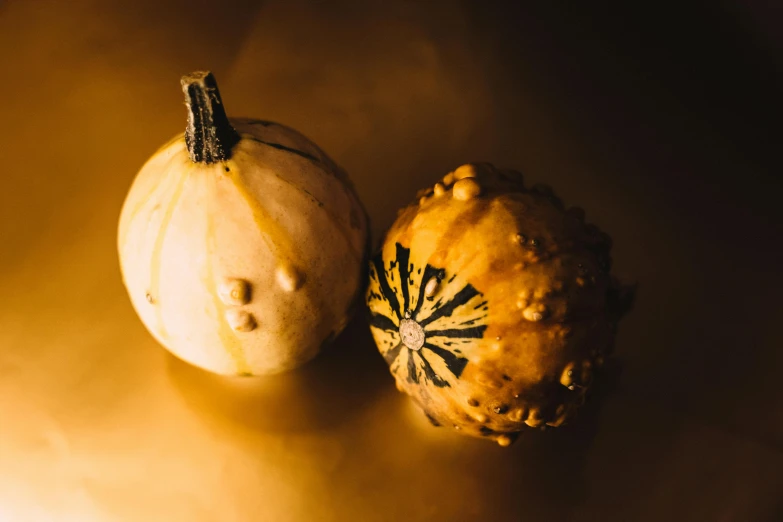 a couple of gourds sitting on top of a table, unsplash, fan favorite, michelangelo da caravaggio, low quality photo, warm light