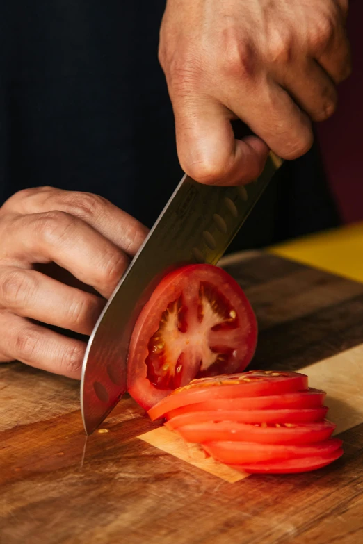 a person cutting a tomato on a cutting board, deeply hyperdetailed, kano tan'yu, stainless steel, multiple stories