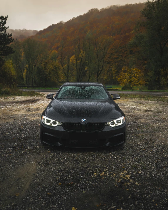 a black car parked on the side of a road, front facing the camera, during autumn, bmw, profile image