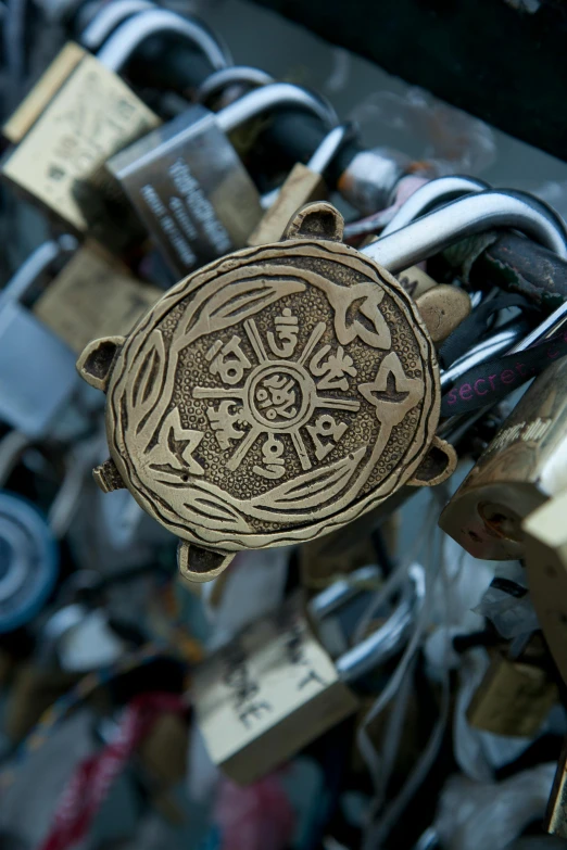 a close up of a bunch of padlocks on a fence, an engraving, unsplash, cloisonnism, leviathan cross, with a long, 4 2 0, buddhist