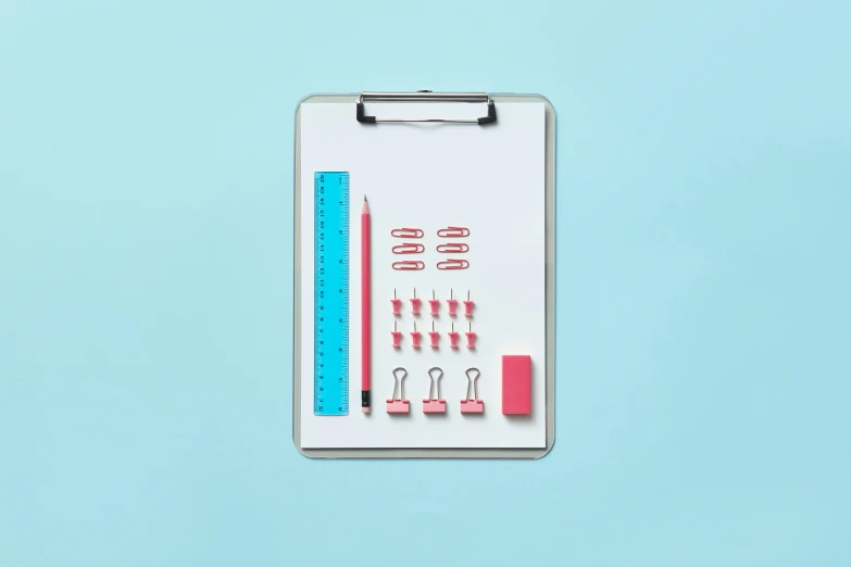 a clipboard sitting on top of a blue surface, various items, detailed product image, pink, knolling