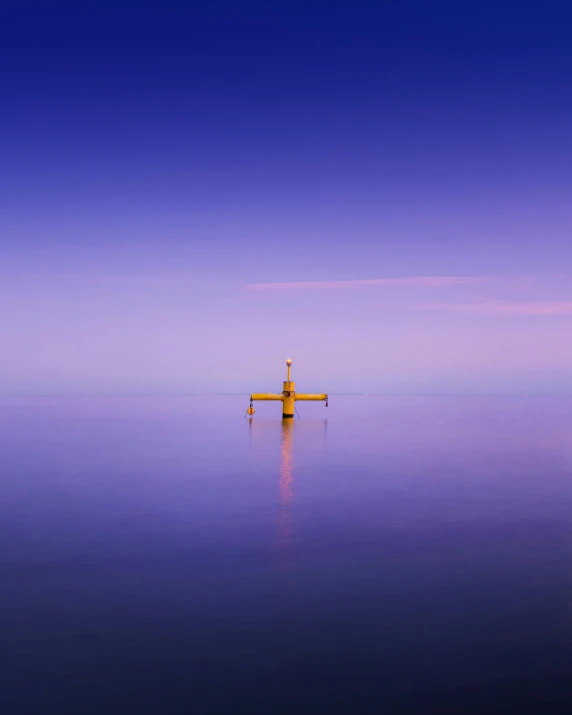 a light house sitting on top of a body of water, by Holger Roed, unsplash contest winner, minimalism, purple and yellow, square, blue submarine no 6, calm evening