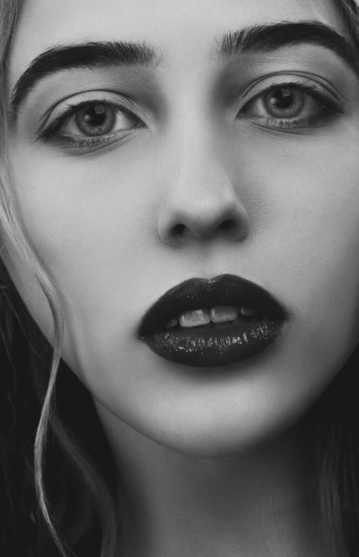 a black and white photo of a woman with long hair, a black and white photo, inspired by irakli nadar, reddit, photorealism, lipstick, angry scarlett johansson, closeup!!!!!!, crystal castles