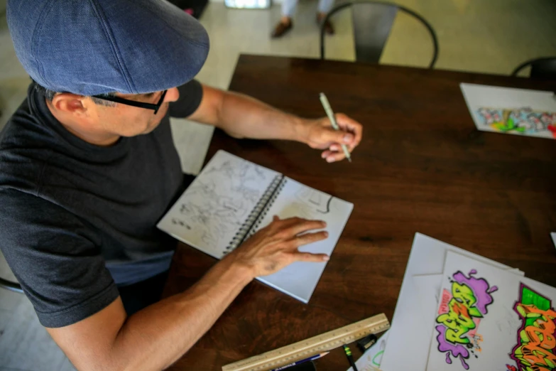 a man sitting at a table writing on a piece of paper, a drawing, process art, joe madureira, coloring book style, tony sandoval, no - text no - logo
