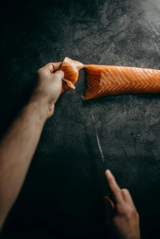 a person cutting up a piece of salmon, by Daniel Seghers, trending on pexels, realism, on a dark background, piping, rectangle, handcrafted