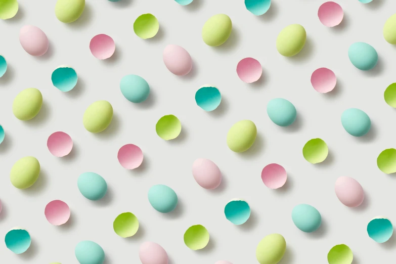 colorful paper easter eggs on a gray background, trending on pexels, interactive art, sparse floating particles, 64x64, turquoise pink and green, candy pastel