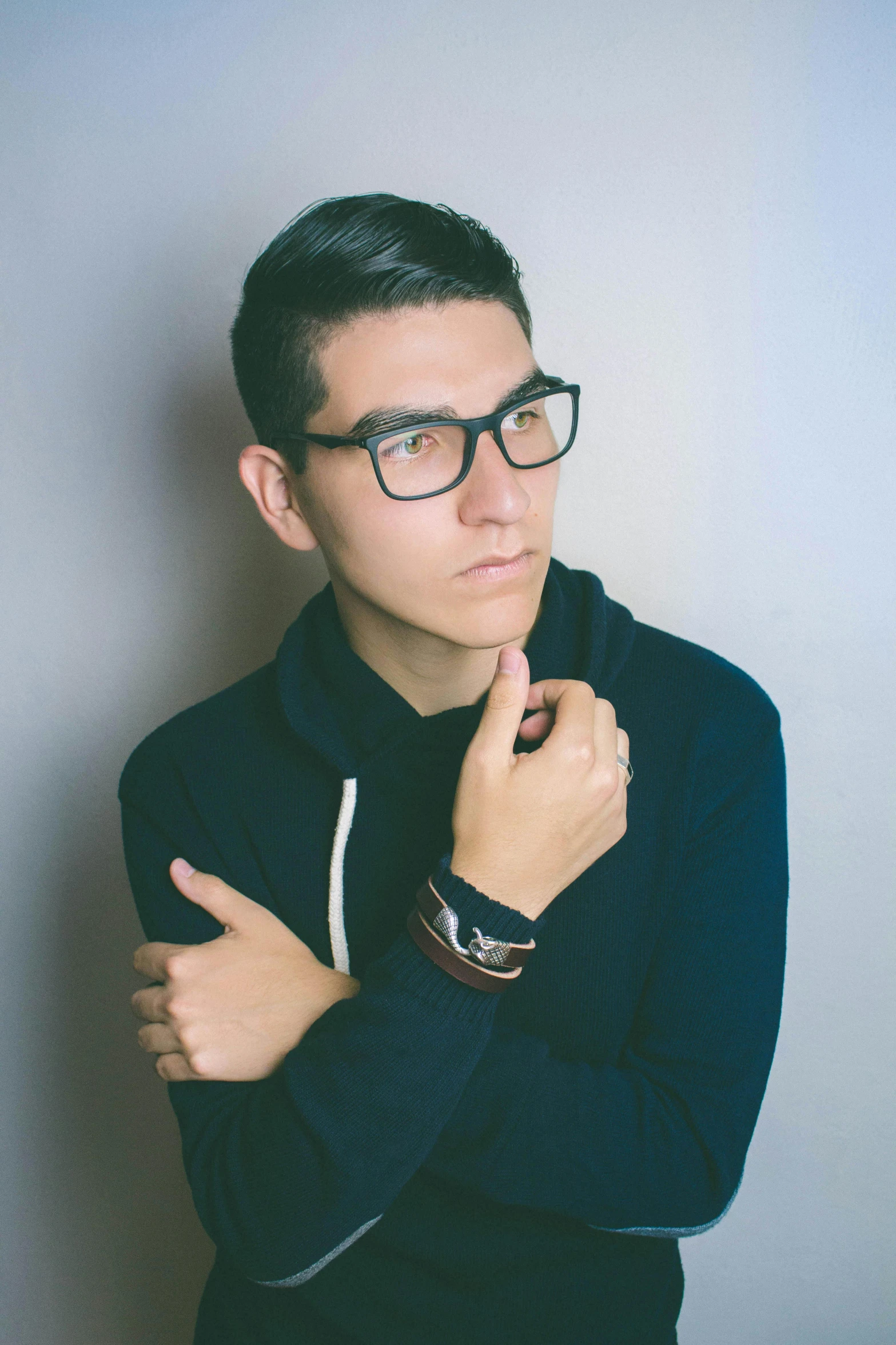 a man with glasses posing for a picture, asher duran, thinking pose, profile image, large)}]