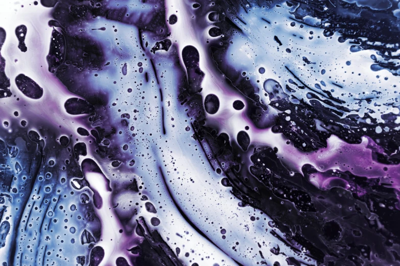 a close up of water droplets on a surface, a microscopic photo, inspired by Julian Schnabel, “ femme on a galactic shore, made of liquid purple metal, abstract white fluid, black and blue and purple scheme