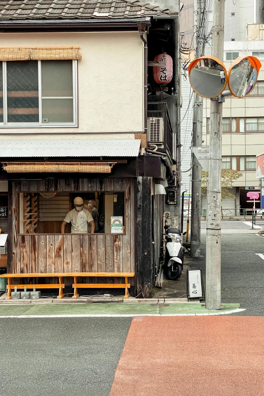 a person riding a skateboard on a city street, shin hanga, in front of ramen shop, けもの, square, tiny space