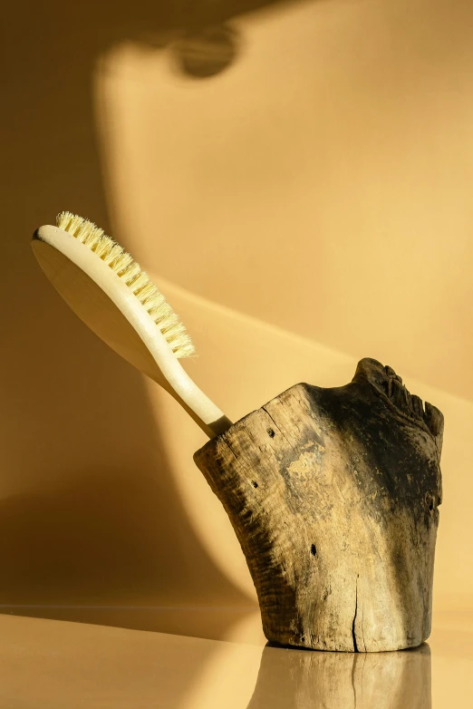 a toothbrush sitting on top of a piece of wood, an abstract sculpture, shades of gold display naturally, slide show, product shot, ivory