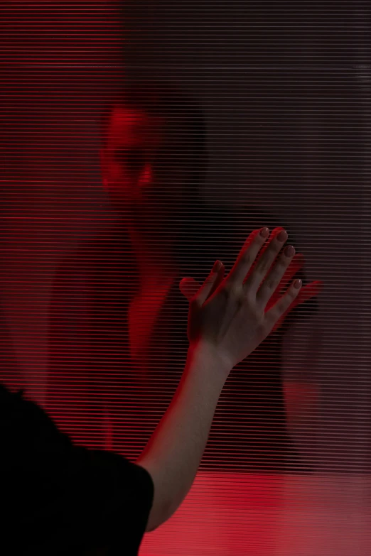 a person standing in front of a red screen, inspired by Elsa Bleda, pexels contest winner, interactive art, hands hidden, horror wallpaper aesthetic, ((((octane render, moire
