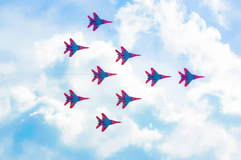 a group of fighter jets flying in formation, an album cover, by Julia Pishtar, pexels contest winner, 🎀 🗡 🍓 🧚, magenta and crimson and cyan, russian national guard, rays