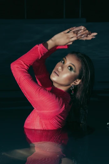 a woman in a red top standing in the water, an album cover, unsplash, renaissance, asian women, zendaya, pose 4 of 1 6, high lights
