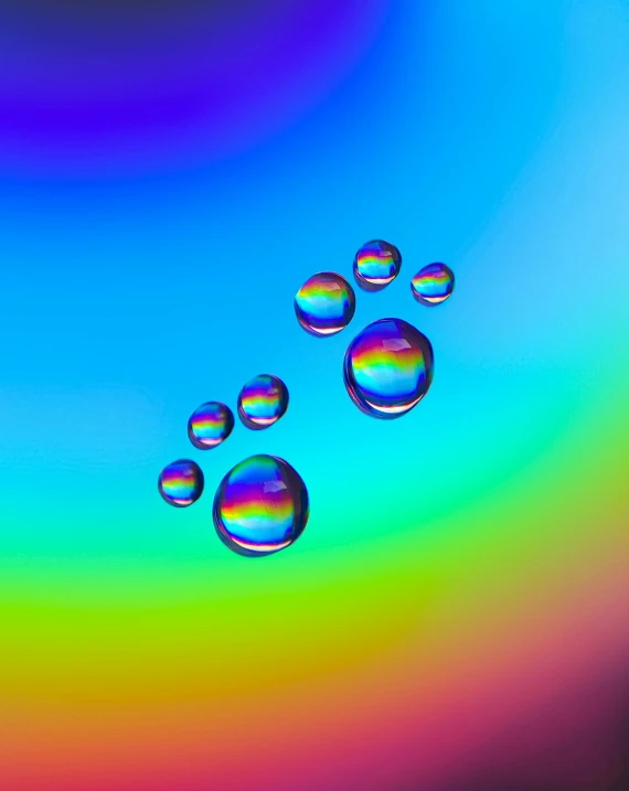 a group of bubbles floating on top of each other, an album cover, by Jan Rustem, pexels, holography, paw pads, rainbow, blue colored, water droplet