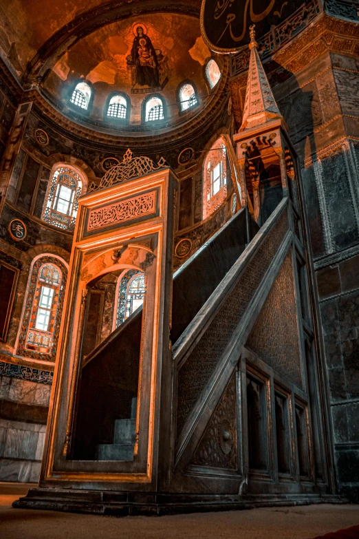 a picture of the inside of a building, inspired by Kerembeyit, unsplash contest winner, baroque, ottoman sultan, gray and orange colours, orthodox, staircases