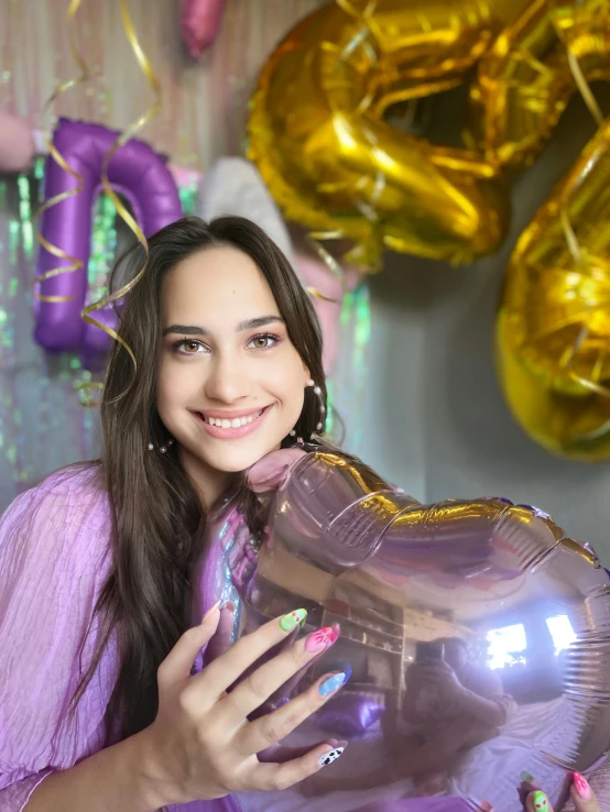 a beautiful young woman holding a heart shaped balloon, a colorized photo, trending on pexels, photorealism, purple metal ears, candid photo of gal gadot, party balloons, 🍸🍋