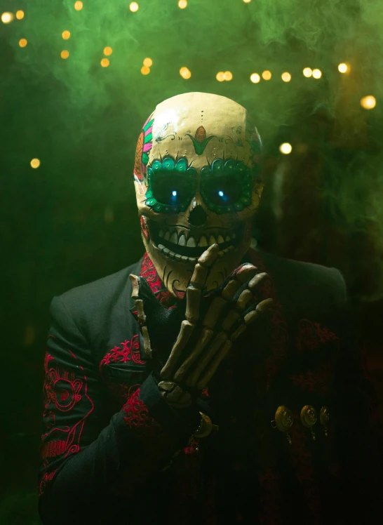 a close up of a person wearing a skeleton mask, an album cover, inspired by Elsa Bleda, skeleton in a suit, trending on spotify, mexico, slide show