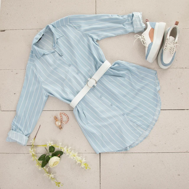 a dress and shoes are laid out on the floor, by Andries Stock, pexels contest winner, wearing a light blue shirt, cute casual streetwear, silver accessories, striped