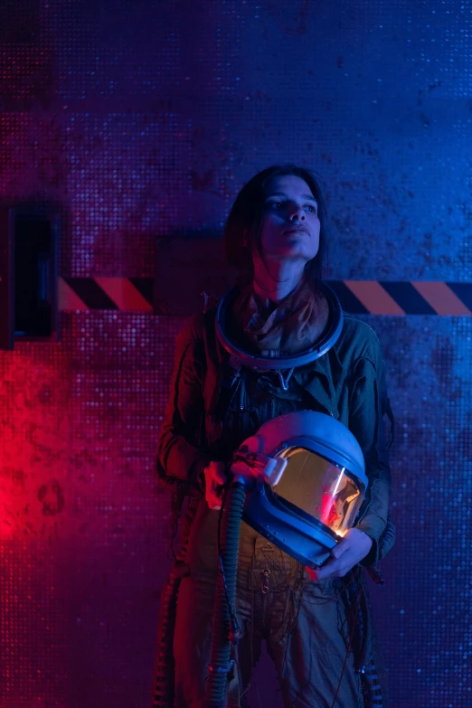 a woman in a space suit holding a helmet, an album cover, pexels, film still from horror movie, soma game style, an escape room in a small, amy pond