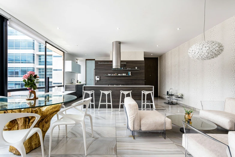 a living room filled with furniture and a glass top table, unsplash, minimalism, white calacatta gold marble, mexico city, luxury bespoke kitchen design, in chippendale sydney