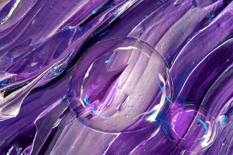 a group of bubbles sitting on top of a purple surface, an acrylic painting, inspired by Otto Piene, trending on pexels, aerial iridecent veins, skin detail, layered impasto, glass paint