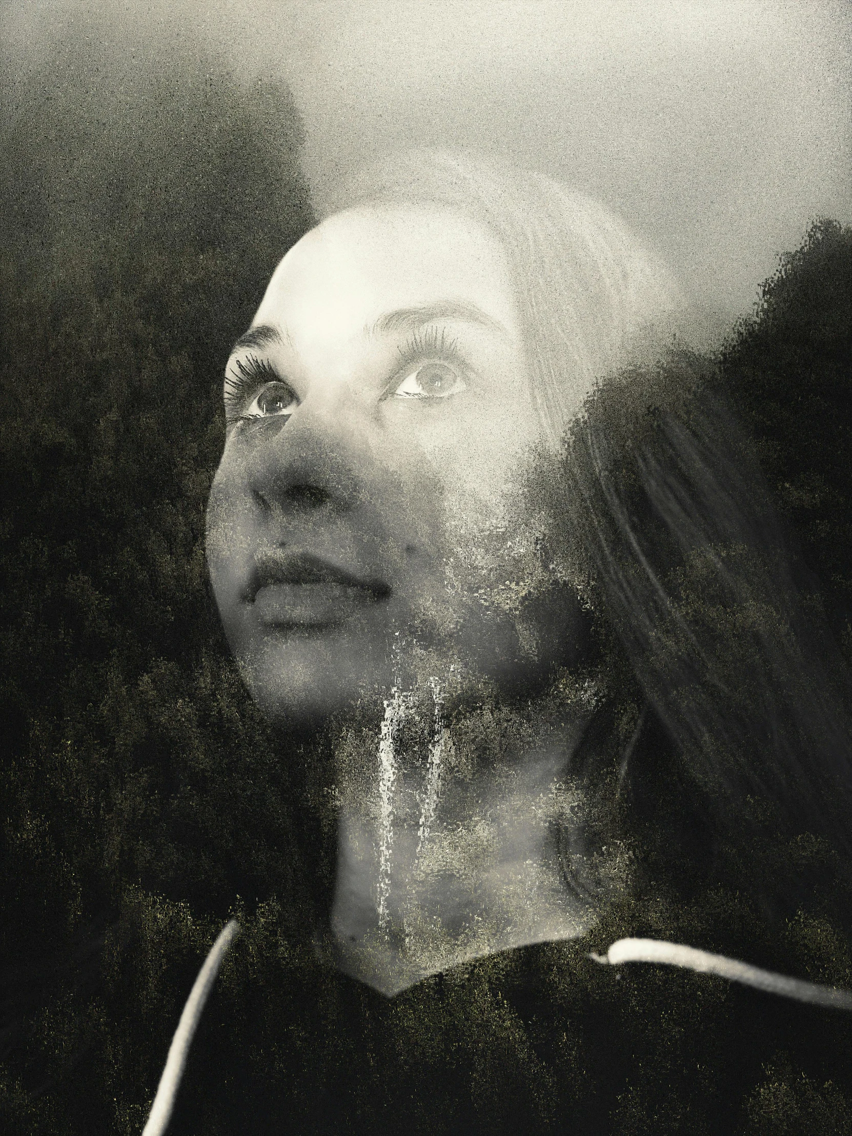 a black and white photo of a woman looking up, by Lucia Peka, surrealism, digital ilustration, in nature, face with artgram, with instagram filters