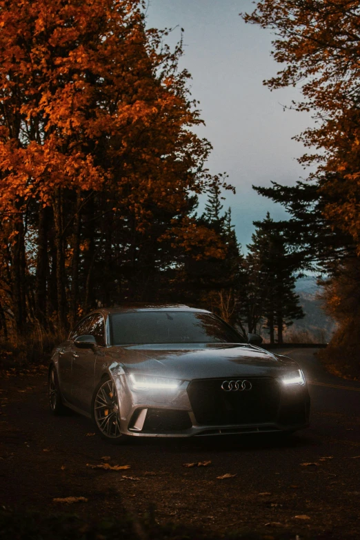 a car parked in the middle of a forest, a 3D render, inspired by Harry Haenigsen, pexels contest winner, in an evening autumn forest, an ultra realistic 8k octa photo, front profile shot, stunning visuals with rtx on