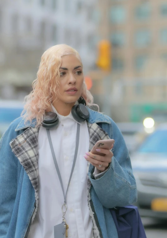 a woman walking down a street holding a cell phone, a pastel, inspired by Elsa Bleda, trending on pexels, powdered wig, charli xcx, still from riverdale, mixed race