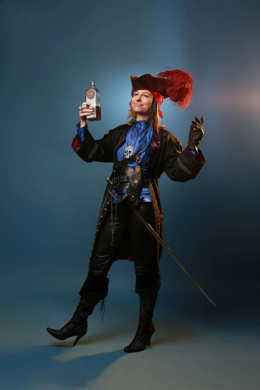 a man dressed in a pirate costume holding a bottle, inspired by Horace Vernet, pexels, renaissance, felicia day, shot in the photo studio, ezreal (league of legends, with a drink