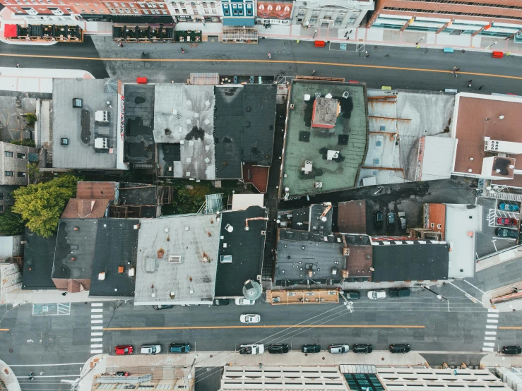 a bird's eye view of a city street, black roof, shot from professional camera, square, streets