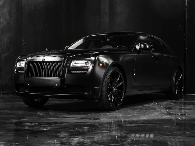 a black rolls royce parked in a dark room, a portrait, square, all black matte product, hd —h 1024, horror ”