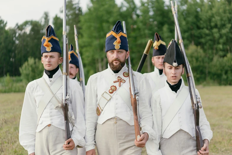 a group of men in uniforms standing next to each other, by Eero Järnefelt, pexels contest winner, private press, wearing a white folkdrakt dress, gearing up for battle, wes anderson movie, promotional image