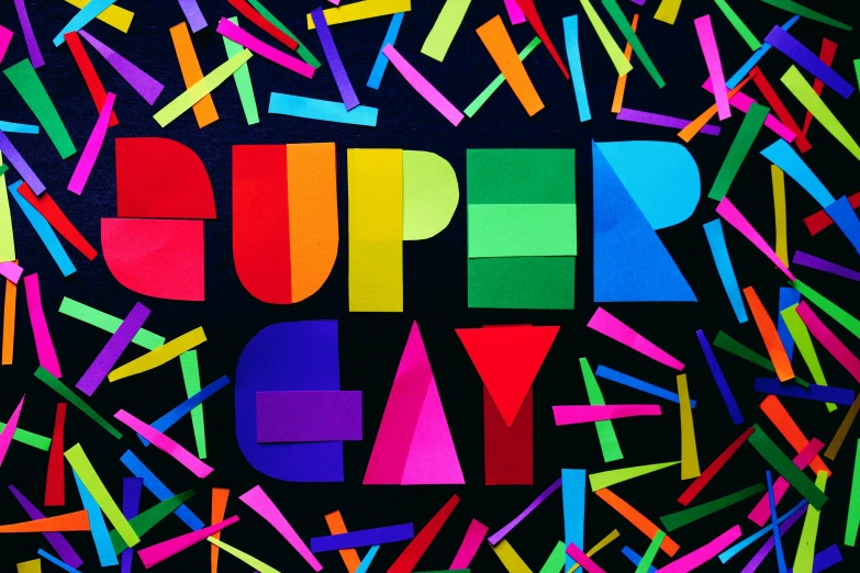 the word super day surrounded by colorful confetti, an album cover, inspired by Okuda Gensō, paper quilling, ru paul\'s drag race, julian opie, on a dark background