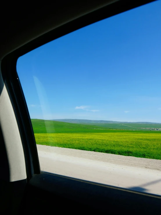 a view of a green field from a car window, in the steppe, split near the left, rolling green hills, flower fields