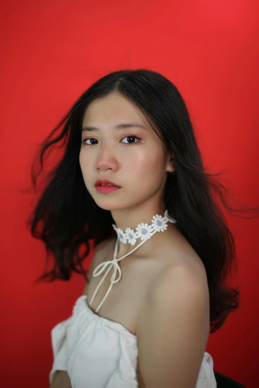 a woman in a white dress posing for a picture, an album cover, inspired by Gao Xiang, pexels contest winner, realism, red lace, young cute wan asian face, choker necklace, color photograph portrait 4k